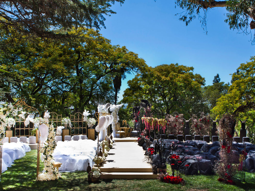 heaven and hell wedding, outdoor ceremony, paramour estate, red black and crimson and earthy tones, floral accents, kristin banta weddings and special events