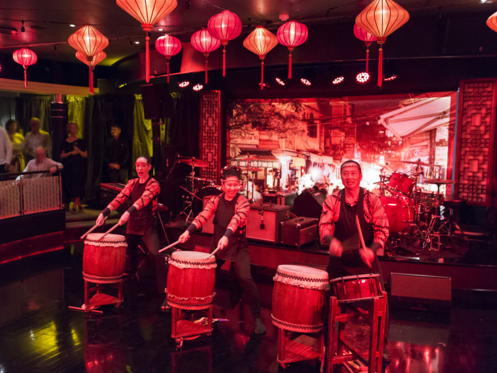 Chinese party, asian party, red lanterns, chinese drums, drummers, chinese entertainment, stage, band, party decor