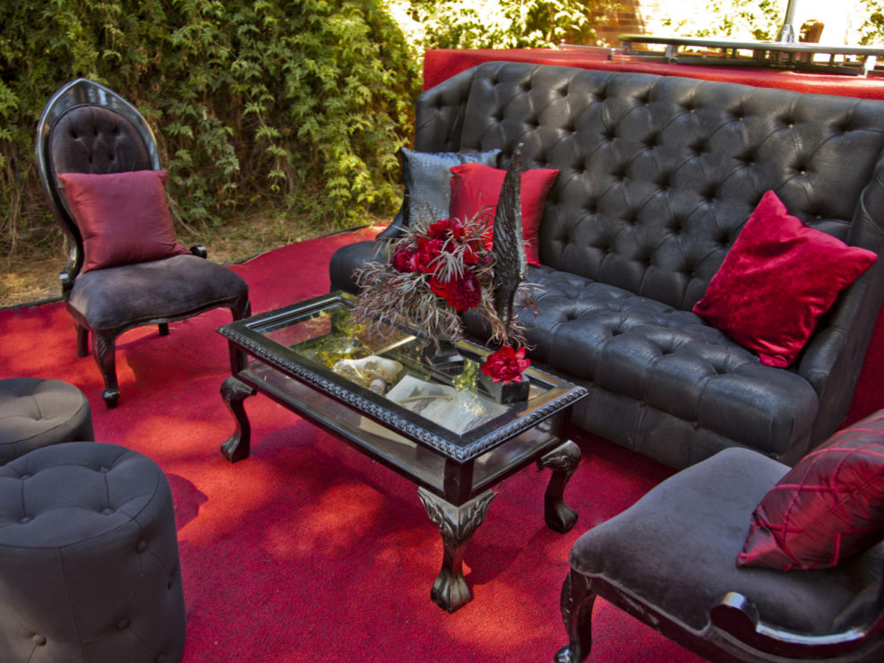 black and red lounge vignettes, heaven and hell wedding, themed wedding, gay wedding, black and red color schemes, chilling in hell, kristin banta weddings and special events