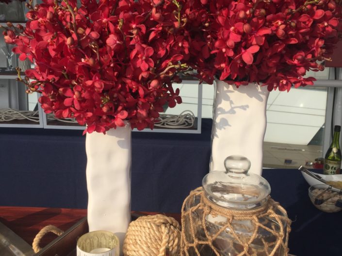 Nautical decor, nautical themed party, asian party, hemp, rope, lanterns, boat party, candleholder, floral arrangement, floral centerpeice, flowers, boat decor, gold accents