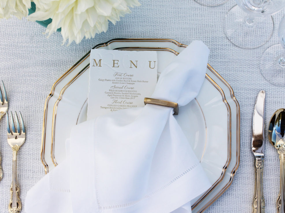 ojai celebration, gold flatware, custom menu, gold rimmed china, kristin banta events, event planner in los angeles, events in LA, wedding planner, teal vase, event florals