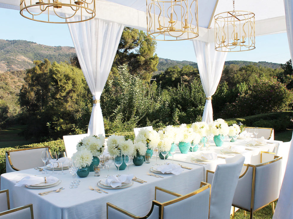 stunning Dinner Party, table top decor, white dahlia floral accents, white gold and turquoise decor, LA event planner kristin banta