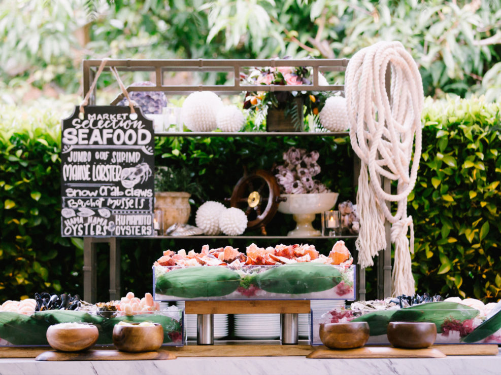 Seafood Station, Cafe, Outdoor Wedding, Garden Reception, Nautical wedding, market theme, Hotel Bel Air, Kristin Banta Events