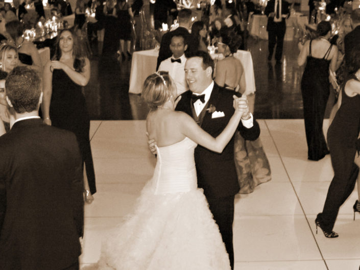 First Dance, wedding photography, black and white wedding, formal wedding, wedding dress, updo, wedding dance floor, wedding, sepia photography