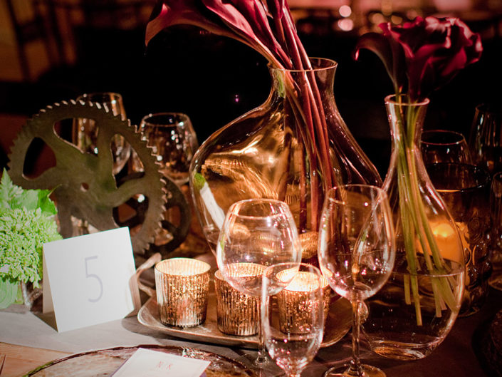 tablescape, vase, wine glass, wedding decor, warm tones, masculine, gay wedding, kristin banta