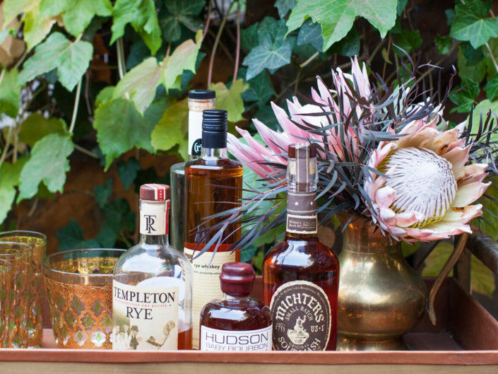 Alchoholic beverages, Bar, Liquor, Whiskey, Antique Bar, Floral Design, Flower Arrangements, Classic, Gold Decor, Gold Accents, Gold Patterned Glassware, Event Planner in Los Angeles, Photoshoot in LA