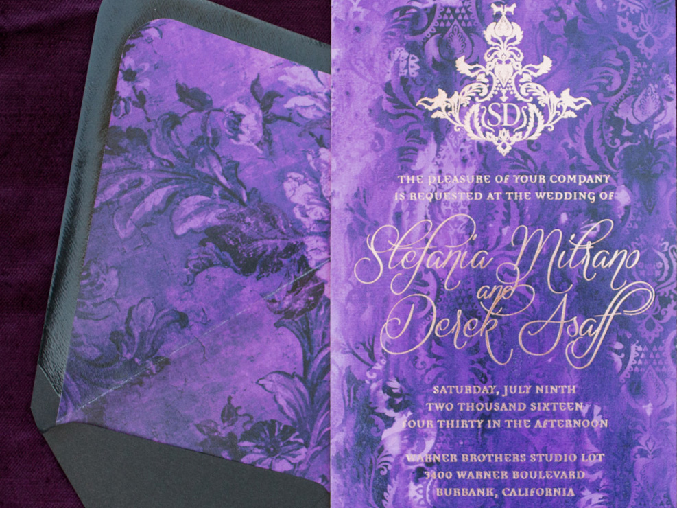 Wedding invitation, purple damask, batman wedding, calligraphy, Kristin banta weddings and special events, los angeles event planner