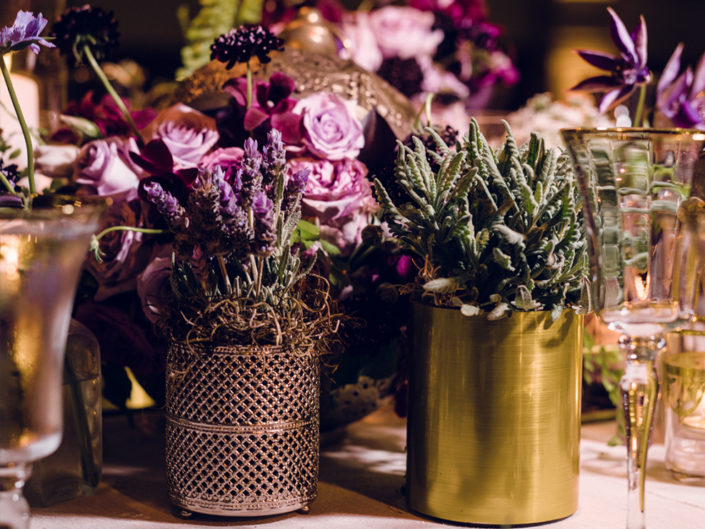 lavender and dark purple floral accents and arrangements, greenery accents, table top decor, los angeles wedding and event planner
