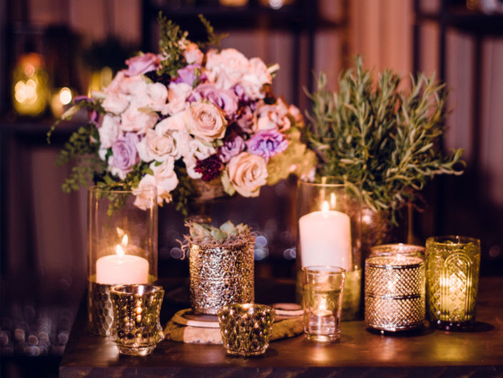 table top and bar decor, floral arrangements, purple and white florals, gold honeycomb candles, candlelit lighting design, rustic decor, greenery, kristin banta wedding, los angeles event planner