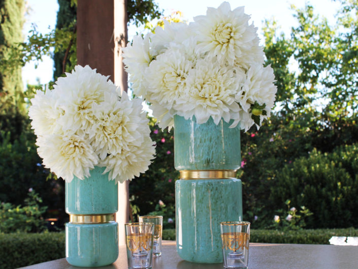 event florals, teal vases, gold accents, private event, event planner in los angeles, LA events, event planner in california, kristin banta, white florals