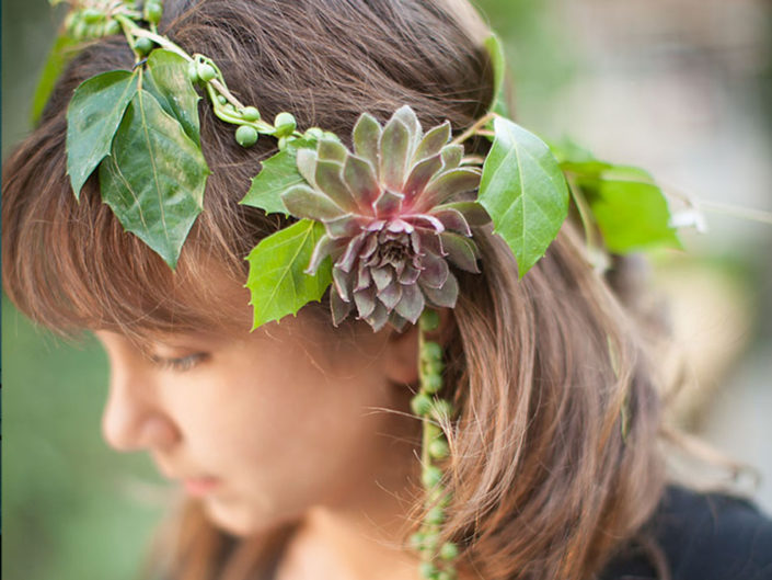 foliage garden flower girl headpiece, kristin banta wedding, LA event planner