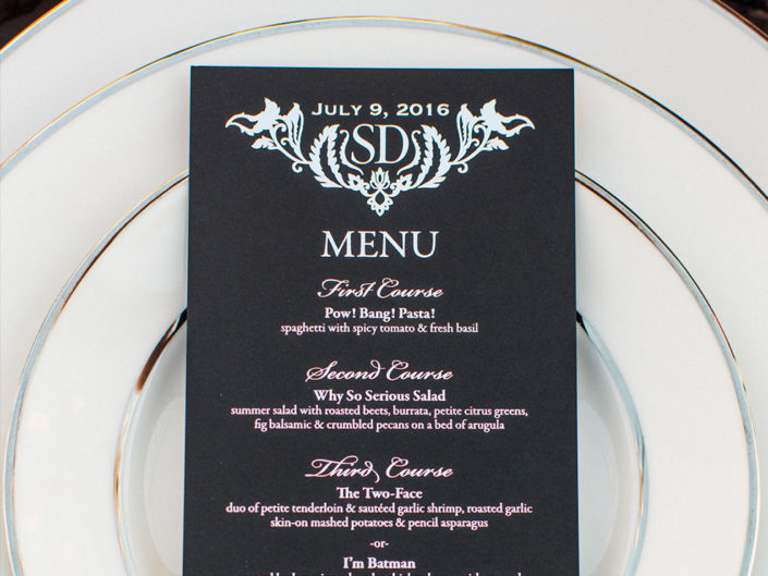 wedding dinner menu, chargers, bruce wayne inspired entrees, kristin banta, los angeles event planner