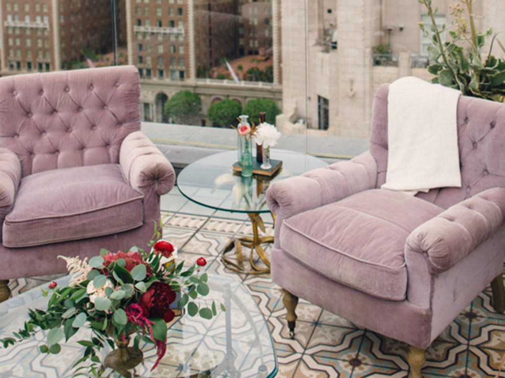 perch, los angeles, lavender couch, roses, floral arrangement, rooftop bar