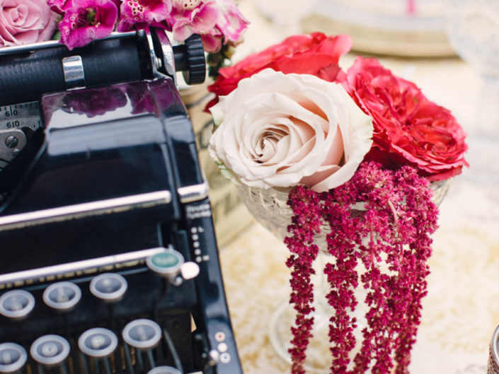 perch, los angeles, vintage, typewriter, pink rose, floral, orchids, tablescape, party decor, romantic