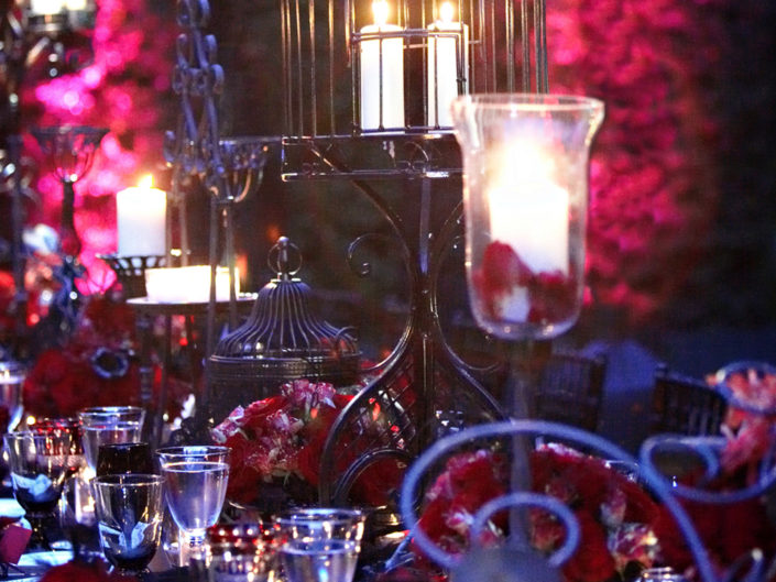 tabletop decor, red florals, black decor, candles, los angeles wedding, wedding reception, LA events, kristin banta events