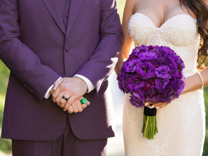 bride groom, wedding day, purple tuxedo, purple floral bouquet, green lantern ring accent, batman wedding, elegant and nerdy wedding, kristin banta, los angeles event planner