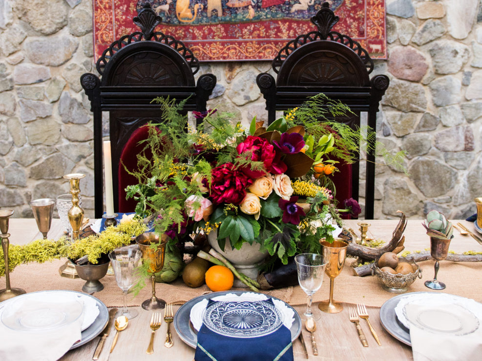 tablescape, floral, bouquet, couple, renaissance wedding, lord of the rings, inspired, game of thrones, produced by kristin banta events