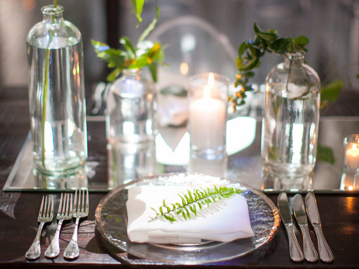 urban garden wedding, crystal table top decor, greenery, foliage accents and decor, diner setting, silver cutlery, kristin banta weddings, LA event planner