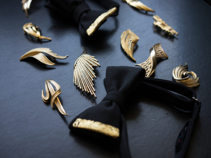 Gold Decor, Gold Accents, Wedding Fashion, Gold Pins, Bow Tie, Gay Wedding, High Fashion, Wedding Accents, Vintage Pins, Black Tie Wedding, Produced by Kristin Banta Events