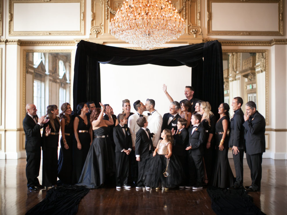 Gay Wedding, Black Tie Wedding, High Fashion, Gold Decor, Wedding Photography, Wedding Party, Bridal Party, Chandelier, Alexandria Ballrooms, Hotel Alexandria, Wedding Decor, Black and Gold Decor, Luxe Wedding, Produced by Kristin Banta Events