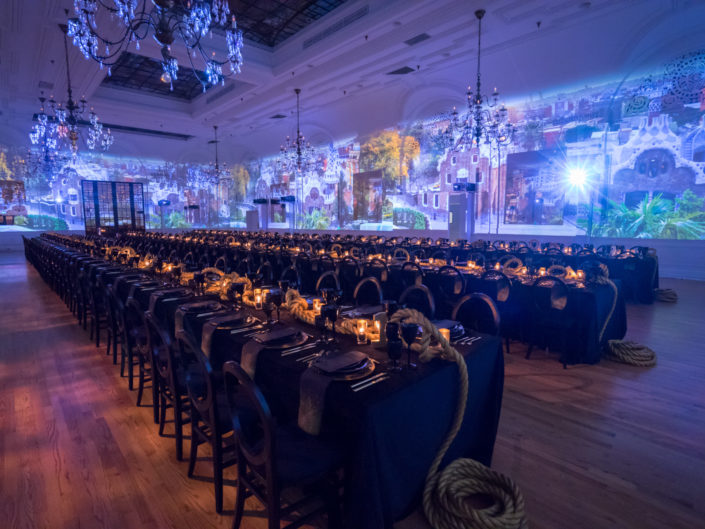 LA Alexandria Ballrooms, black chandelier, long tables, nautical gold rope, tablescape, image projection, kristin banta events