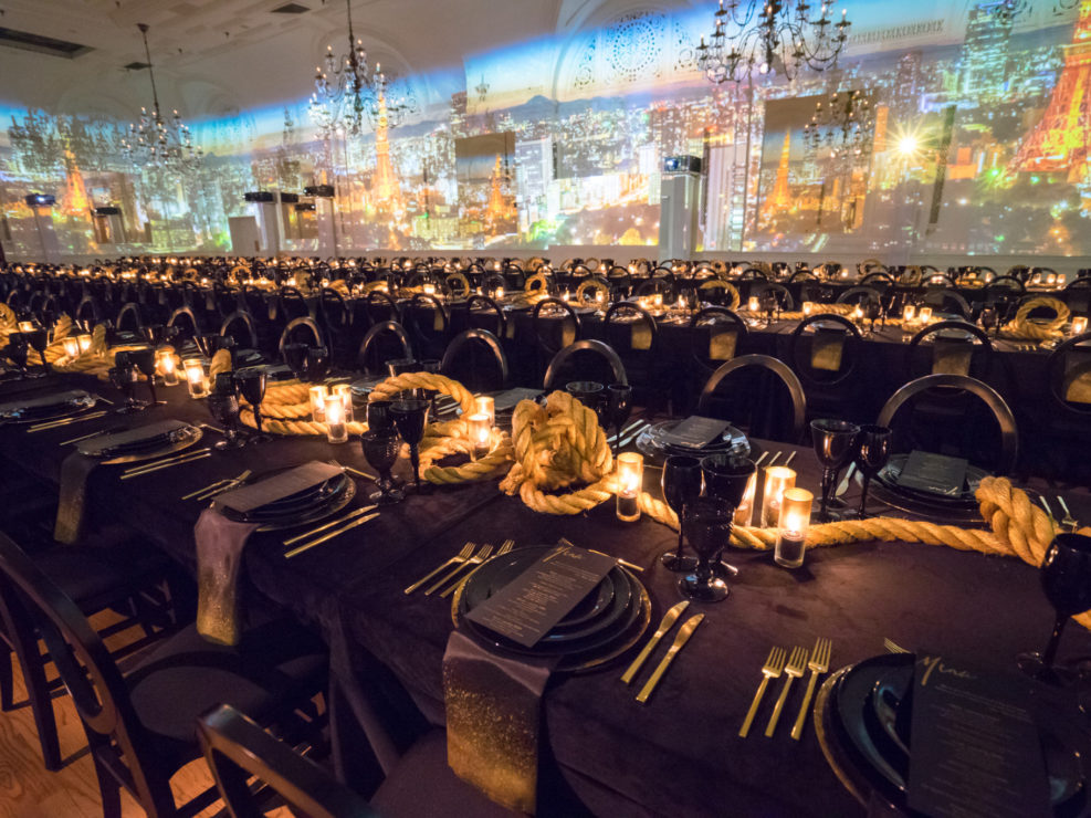 Wedding Decor, Wedding Design, Visual Mapping, Visual Projection, Black Linens, Gold Accents, Gold design, Gold Rope, Black Glassware, Gold Flatware, Wedding Reception, Gay Weddings, Luxe Weddings, Alexandria Hotel, Alexandria Ballrooms, Produced by Kristin Banta Events