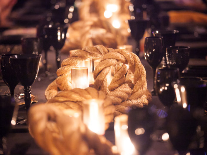 gold rope, nautical, black drinkware, centerpiece, tablescape, LA Alexandria ballrooms, chic