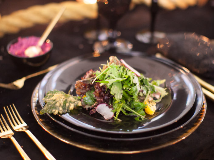 Dinner, wedding appetizer, salad, gold decor, gold flatware, wedding reception, gay wedding, hotel alexandria, alexandria ballrooms, produced by Kristin Banta Events