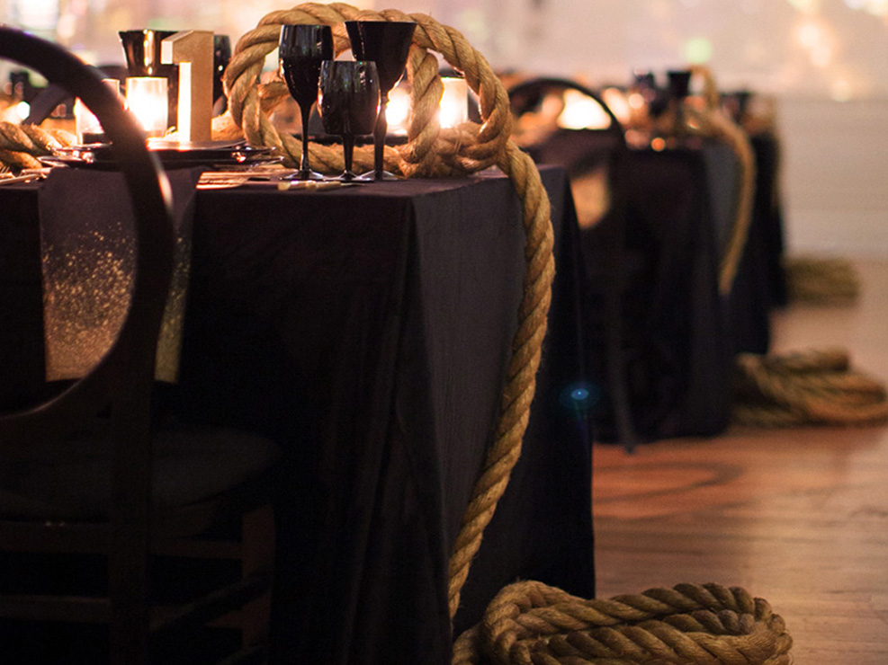 gold rope, black table covers, LA alexandria ballrooms, gay weddings, chic, wedding designs, best event planners