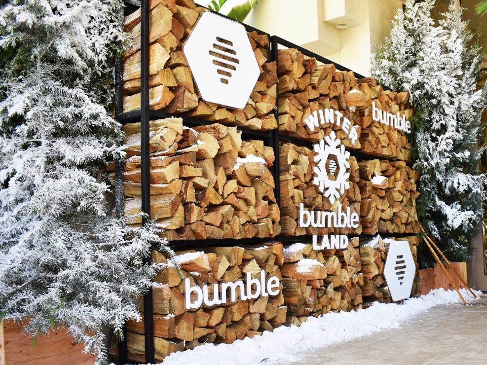 bumble, winter bumbleland, coachella party, kristin banta events, event design, firewood photo backdrop