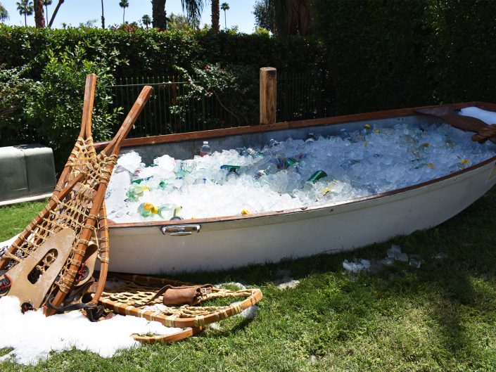 bumble, winter bumbleland, coachella party, kristin banta events, event design, rowboat used as a drink cooler