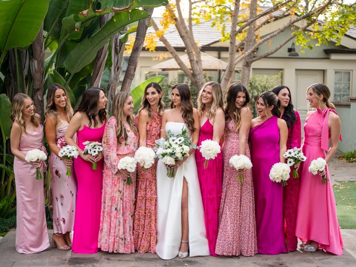bridesmaids, bridesmaid dresses, mix and match dresses, wedding, santa monica, fairmont miramar, kbe, pink, high fashion