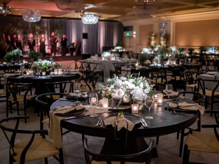 round tables, wedding reception, kbe, kristin banta events, fairmont miramar wedding, ballroom transformation