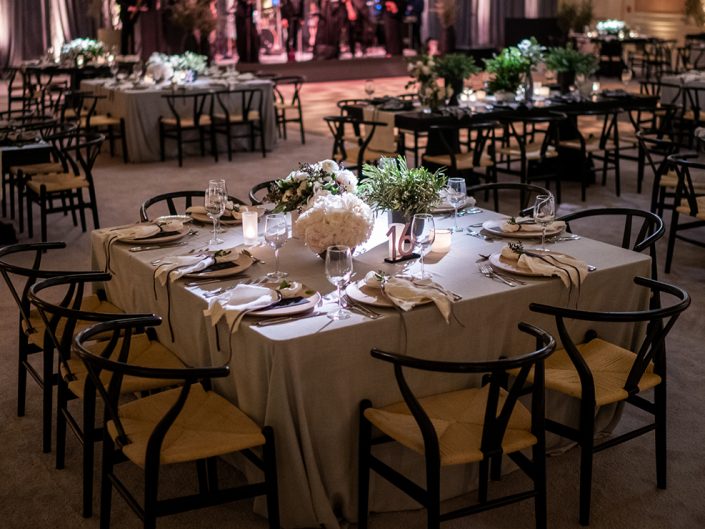 square tables, kbe, kristin banta events, fairmont miramar wedding, ballroom transformation